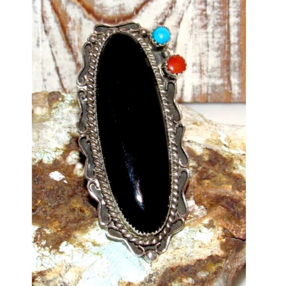 Massive Navajo Ring Onyx Turquoise Sterling Silver Sz 8 Native American S. Yazzi